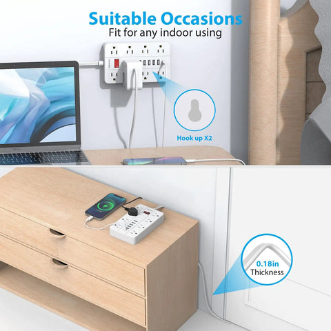 15 Ft Flat Plug Power Strip With 8 Widely Spaced Outlets And 6 USB Ports Including 1 USB C Surge Protector Wall Mountable Charging Station For Dorm Home Or Office White, wall-mounted setup with devices charging.