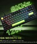 Certified Badass Hall Effect Magnetic Gaming Keyboard Featuring Rapid Trigger Mode And 8KHz Polling Rate With Hot Swappable Keys And Custom Actuation For Ranked Climbers In Black, close-up view with vibrant RGB lighting.