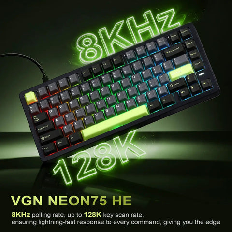 Certified Badass Hall Effect Magnetic Gaming Keyboard Featuring Rapid Trigger Mode And 8KHz Polling Rate With Hot Swappable Keys And Custom Actuation For Ranked Climbers In Black, close-up view with vibrant RGB lighting.