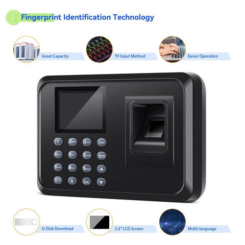 Fast Fingerprint Time Clock For Small Biz With Waterproof Sensor That Snaps Up Wet Or Dry Prints Quick front view with display and buttons.