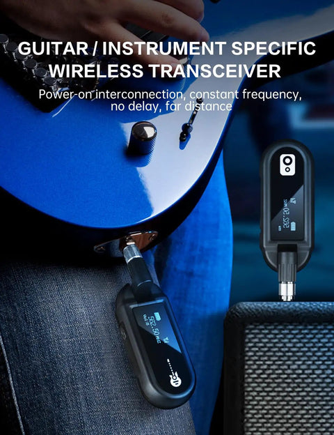 UHF Wireless Guitar System With Rechargeable Transmitter And Receiver connected to electric guitar near amplifier