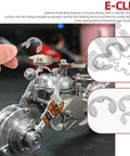Close-up of installing an E Clip Assortment Kit 211Pcs in 14 Sizes 304 Stainless Steel with tweezers on machinery