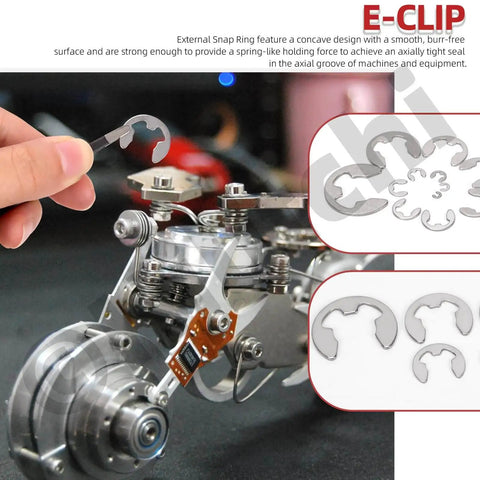 Close-up of installing an E Clip Assortment Kit 211Pcs in 14 Sizes 304 Stainless Steel with tweezers on machinery