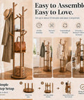 Rotating Coat Rack Freestanding With 9 Hooks And 3 Shelves, Heavy-Duty Rubberwood Hall Tree In Walnut Finish in bedroom, entryway, and office.