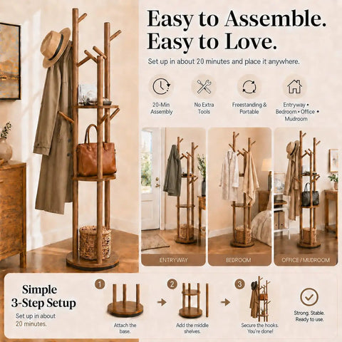 Rotating Coat Rack Freestanding With 9 Hooks And 3 Shelves, Heavy-Duty Rubberwood Hall Tree In Walnut Finish in bedroom, entryway, and office.