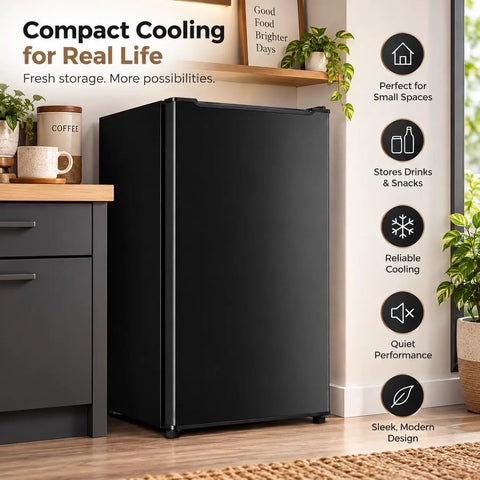 Kickin Compact 3.2 Cubic Foot Upright Freezer Solid Black Design in modern kitchen for cold storage and drinks.