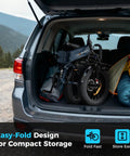 Beast 1400W Peak Electric Bike folded in car trunk with camping gear, showcasing compact storage and portability.