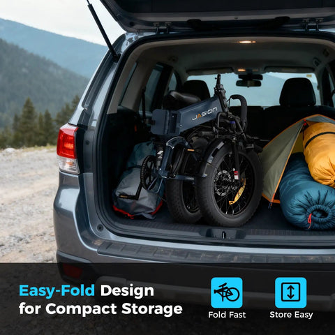 Beast 1400W Peak Electric Bike folded in car trunk with camping gear, showcasing compact storage and portability.