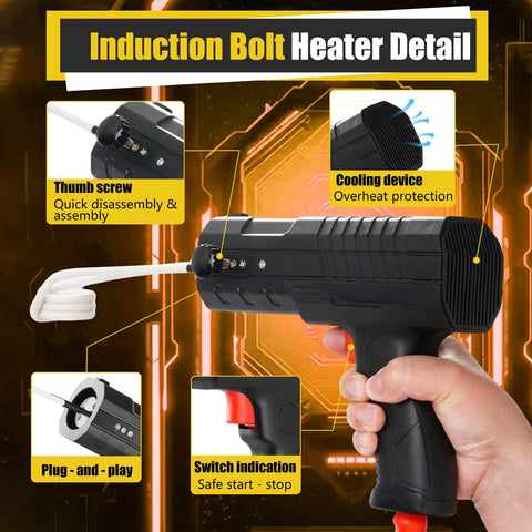 Induction bolt heater kit, handheld black device with trigger, cooling vents, and corded plug