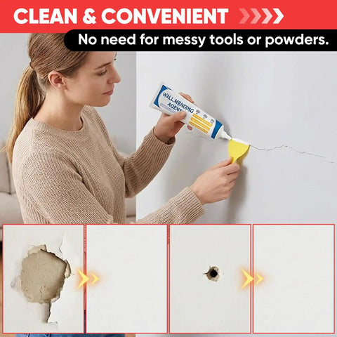 Person repairing wall using All In One Drywall Repair Kit For Small Cracks Holes And Dents With Quick Squeeze Scrape And Smooth Application