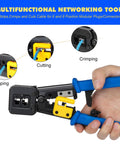 Close-up of All In One RJ45 Crimp Tool Kit with stripping, cutting, crimping functions for Cat5e and Cat6 connectors