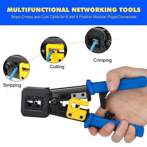 Close-up of All In One RJ45 Crimp Tool Kit with stripping, cutting, crimping functions for Cat5e and Cat6 connectors