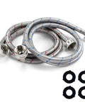 Two 4ft braided stainless steel washer hoses with 90° elbow and 3/4 in NPT fittings, includes gasket washers