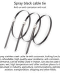 Black stainless steel cable ties with metal locking heads, three-pack for indoor/outdoor use
