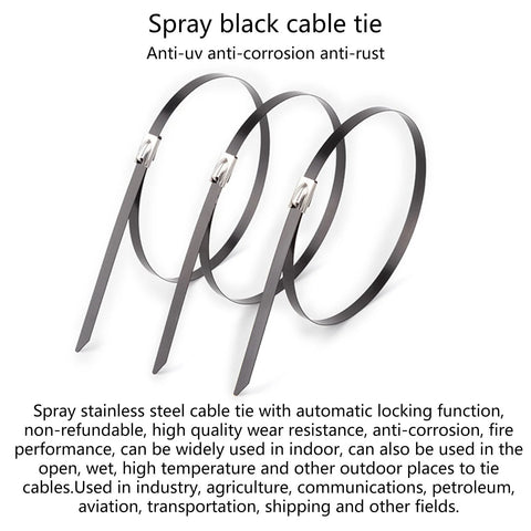 Black stainless steel cable ties with metal locking heads, three-pack for indoor/outdoor use