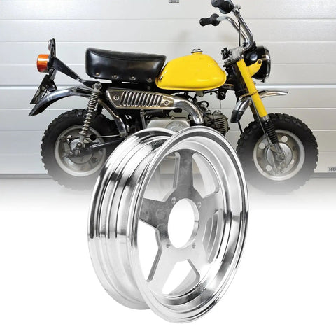 Trail Bike Wheel Rim Hub 2.50-10 Front Or Rear Aluminum Alloy Lightweight Hub for Monkey Z50, shown with yellow mini bike
