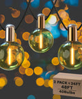 Indoor 2 Pack G50 LED String Lights With Vintage Filament Bulbs, 24 Feet Each, shatterproof, glowing against blurred bokeh background