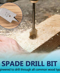 Spade drill bit drilling into a wooden block; side view with wood shavings and circular inset showing the bit tip.