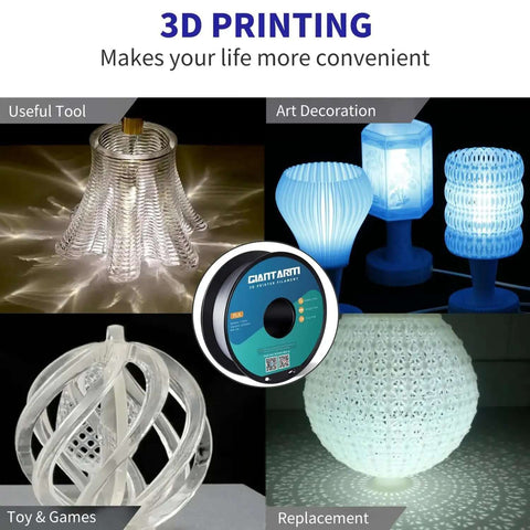 Crystal Clear PLA Filament 1.75Mm 1Kg Spool for 3D Printing shown with art decorations and toys.