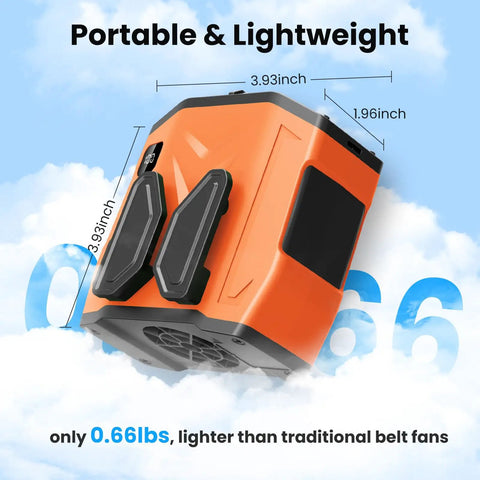 Rechargeable Portable Personal Waist Fan With 10000mAh Battery, 5 Speeds, compact orange design, lightweight and portable