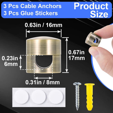 Antique Copper Cable Anchor Holders 3 Pack Adjustable Cord Clips with adhesive and screws, showing dimensions in inches and mm
