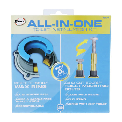 All In One Toilet Installation Kit With Perfect Seal Wax Ring And Zero Cut Bolts Wax Free No Mess Toilet Repair box front