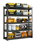 Beefy 5 Tier Garage Shelving Unit With 3000Lbs Capacity Adjustable Metal Storage Racks 48 Inches Wide 24 Deep 72 High For Industrial Warehouse Basement Organization, black steel rack loaded with tools and bins