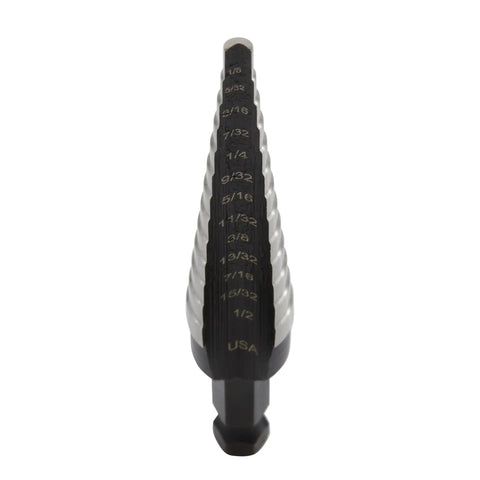 Front view of Step Drill Bit Set For Thin Materials One Eighth To One Half Inch Steps With A Quarter Inch Shank Irwin Tools 10231