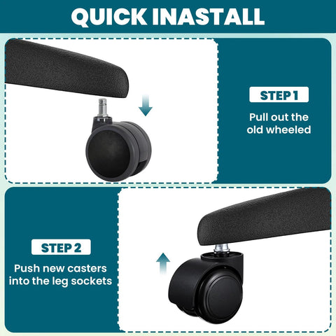 Installation steps for Five Pack 2 Inch Office Chair Wheels Heavy Duty Replacement Silent Rubber Caster Wheels For All Floor Surfaces Including Hardwood Safe Glide Universal Stem Size Fits Most Chairs Up To 300 Pounds Capacity