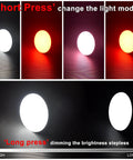 Insect Proof Red Light Camping Lamp with 10000mAh battery, showing light modes and stepless dimming.