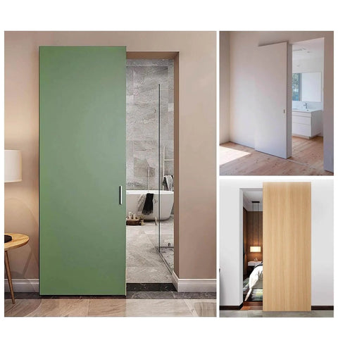Hidden Soft Close Sliding Door Hardware Kit installed on green and wood barn doors, showcasing cuttable aluminum track and durable rollers.