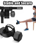 Woman using Tibialis Trainer Foot Strap for dumbbell workouts, adjustable ankle weights for leg day at home, shin splint relief