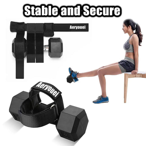 Woman using Tibialis Trainer Foot Strap for dumbbell workouts, adjustable ankle weights for leg day at home, shin splint relief