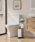 Free Standing Toilet Paper Holder Stand With Rustproof Metal Construction For Four Rolls Anti Slip Base And Built In Shelf in bathroom