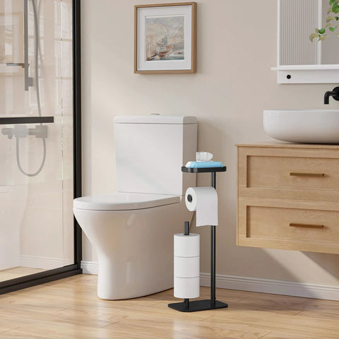 Free Standing Toilet Paper Holder Stand With Rustproof Metal Construction For Four Rolls Anti Slip Base And Built In Shelf in bathroom