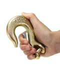Hand holding Five Sixteenth Inch Clevis Slip Hooks With Latch Six Pack Forged G70 Steel Heavy Duty Chain Grab Hooks