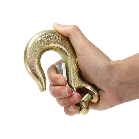 Hand holding Five Sixteenth Inch Clevis Slip Hooks With Latch Six Pack Forged G70 Steel Heavy Duty Chain Grab Hooks