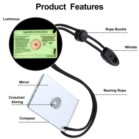 Two Pack Survival Signal Mirror Set 2 By 3 Inch Reflective Rescue Mirrors with compass, rope, and whistle features.
