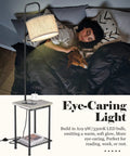 Rustic Cozy Solid Wood End Table Floor Lamp With Built In USB Type C Port And Electrical Outlet next to person sleeping