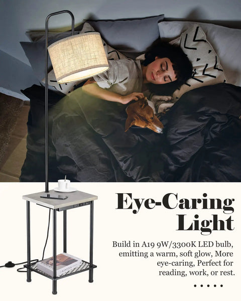 Rustic Cozy Solid Wood End Table Floor Lamp With Built In USB Type C Port And Electrical Outlet next to person sleeping