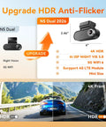 Comparison of N5 Dual and N5 Dual 2026 dash cams with upgrade details, including 4K HDR and 5G WiFi, featuring 4K Front and Rear Dash Cam with GPS and 5G WiFi Night Vision Radar Motion Detection 72 Hour Parking Mode All In One Dual Storage System With 32GB eMMC And Expandable 512GB Card Slot.