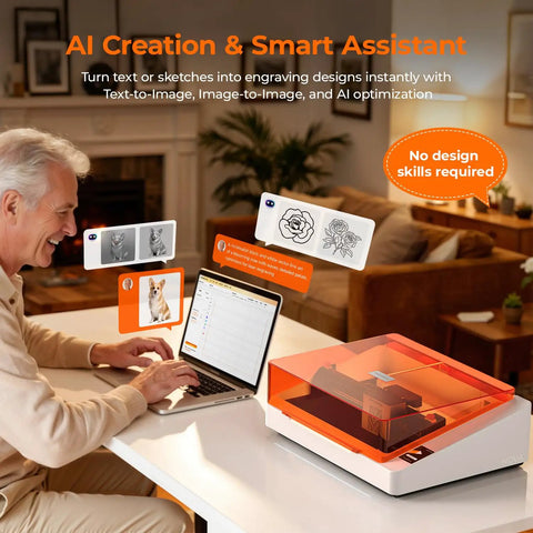 Man using laptop with NOVA 20W AI Smart Laser Engraver With HD Camera Positioning Auto Focus And Air Assist 360 Rotary Kit