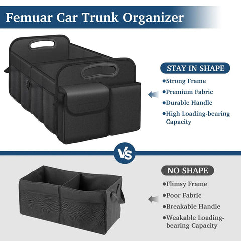 Collapsible Trunk Organizer With Big Capacity Waterproof Car Organizer For SUV Jeep Or Sedan, showing strong and weak design comparison
