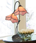 Poelking 2-Light Pink Lily Table Lamp With Bronze Finish 12 Inch Square Base And 21 Inch Tall Elegant Glass Lily Panels Carved Metal