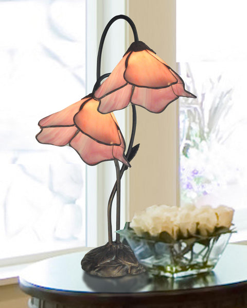 Poelking 2-Light Pink Lily Table Lamp With Bronze Finish 12 Inch Square Base And 21 Inch Tall Elegant Glass Lily Panels Carved Metal