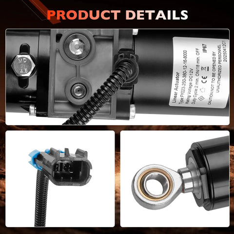 Close-up of 12V Electric Hydraulic Linear Actuator for heavy lifting, showing connections and mounting parts, replaces OEM 1436-269 and 1436269.