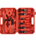 Heavy Duty Hose Clamp Pliers Set With Ergonomic Rubber Handles Built For Tough Automotive Repairs And Versatile Maintenance Jobs Using Durable Steel Construction For Maximum Power And Long Lasting Performance, red case open