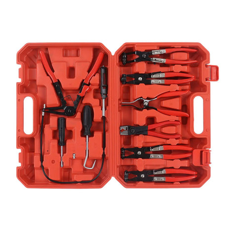 Heavy Duty Hose Clamp Pliers Set With Ergonomic Rubber Handles Built For Tough Automotive Repairs And Versatile Maintenance Jobs Using Durable Steel Construction For Maximum Power And Long Lasting Performance, red case open