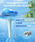 Floating Solar Pool Thermometer With Digital Readout, IPX7 Waterproof, underwater view showing sensor probe in pool