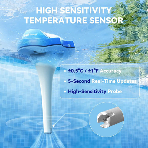 Floating Solar Pool Thermometer With Digital Readout, IPX7 Waterproof, underwater view showing sensor probe in pool